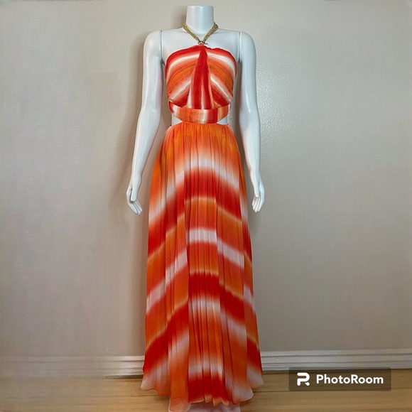 L'ATISTE Dresses & Skirts - White orange tie dye chained cutout accordion pleated maxi dress